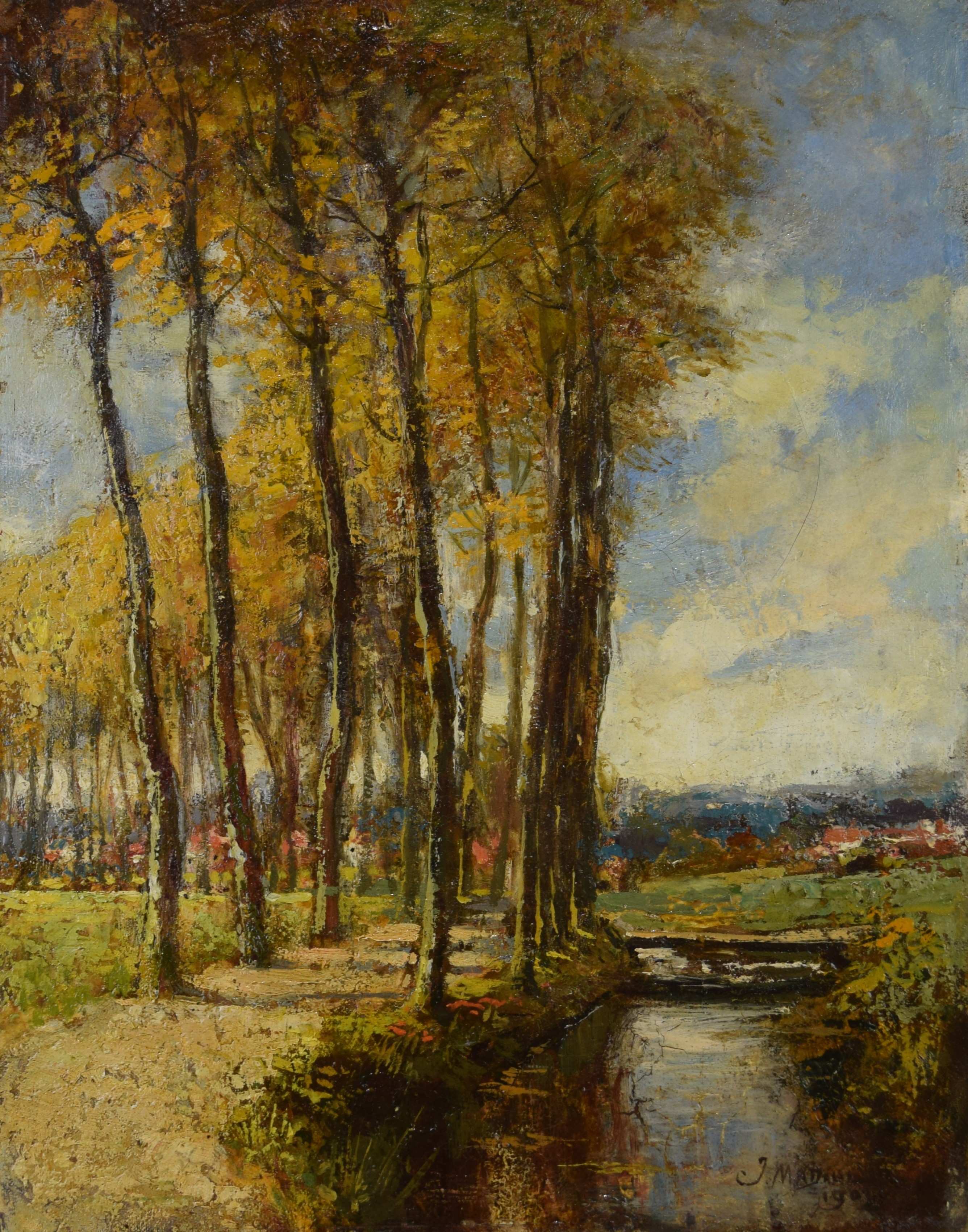 tableau Le village à travers les arbres Madyol Jacques paysage,village  huile toile 1ère moitié 20e siècle