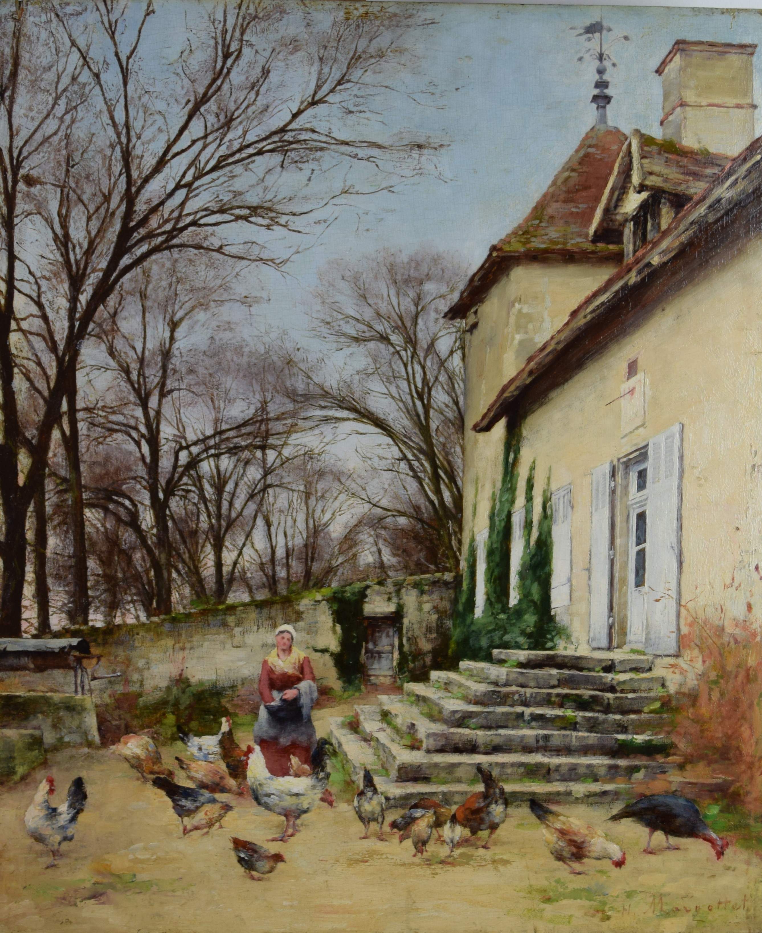 tableau L'heure du grain Marcette Henri animaux,scène rurale  huile  19e siècle