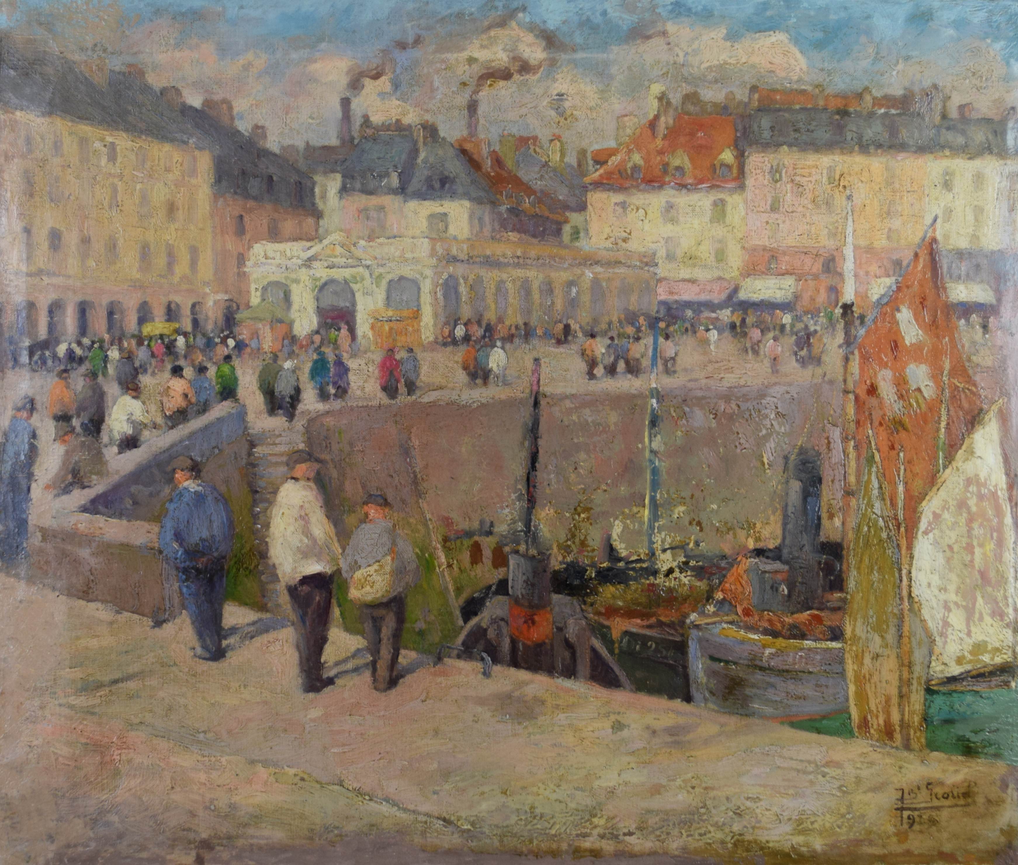 tableau Le port de Dieppe Scoriel Jean-Baptiste personnage,ville  huile toile 1ère moitié 20e siècle