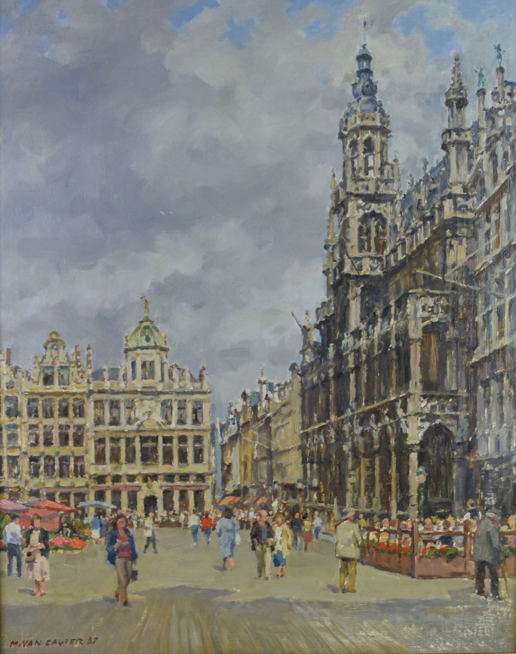 tableau La grand place de Bruxelles Van Cauter Marcel personnage,ville  huile panneau 2ième moitié 20e siècle