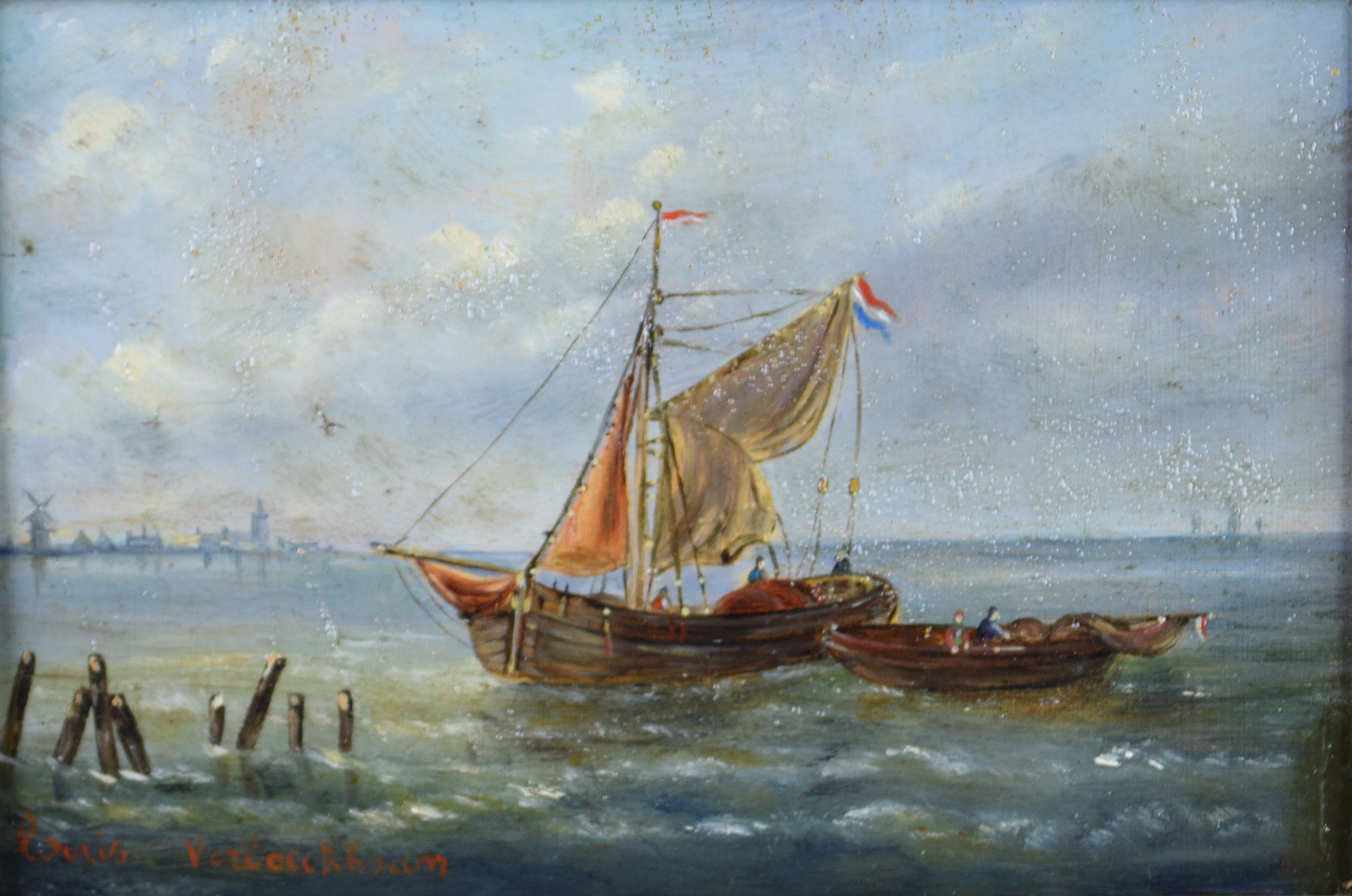tableau Le bateau Hollandais Verboeckhoven Louis marine  huile panneau 19e siècle