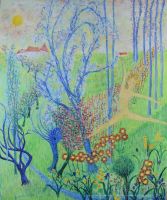 tableau Bonheur au Jardin Brachet Lise personnage  huile toile 2ième moitié 20e siècle