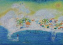 tableau Le petit port Brachet Lise ville  huile toile 2ième moitié 20e siècle