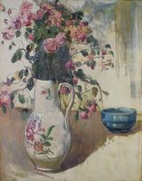 tableau La cruche emplie de roses Gariazzo Pier A. fleurs,nature morte  huile panneau 1ère moitié 20e siècle