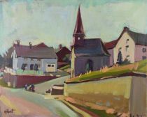 tableau La chapelle du village Gilbert Charles village  huile toile 2ième moitié 20e siècle