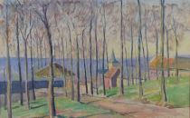tableau Place d'ohain Hengels E village  huile papier 2ième moitié 20e siècle