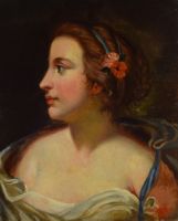 tableau Le serre tête à la rose   portrait  huile panneau 1ère moitié 20e siècle