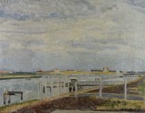 tableau Nieuport le chenal Leroux Henri Louis-Ph marine,ville  huile carton 1ère moitié 20e siècle