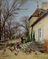 tableau L'heure du grain Marcette Henri animaux,scène rurale  huile  19e siècle