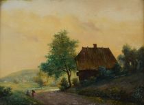 tableau Conversation le long du chemin Ruyck E paysage,personnage  huile panneau 19e siècle