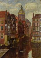 tableau Achterburgwal Amsterdam Schmidt B ville  huile toile 1ère moitié 20e siècle