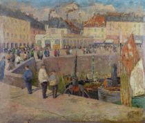 tableau Le port de Dieppe Scoriel Jean-Baptiste personnage,ville  huile toile 1ère moitié 20e siècle