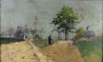 tableau Sur le chemin (impressionniste)    personnage,scène rurale  huile toile 1ère moitié 20e siècle