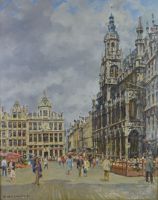 tableau La grand place de Bruxelles Van Cauter Marcel personnage,ville  huile panneau 2ième moitié 20e siècle