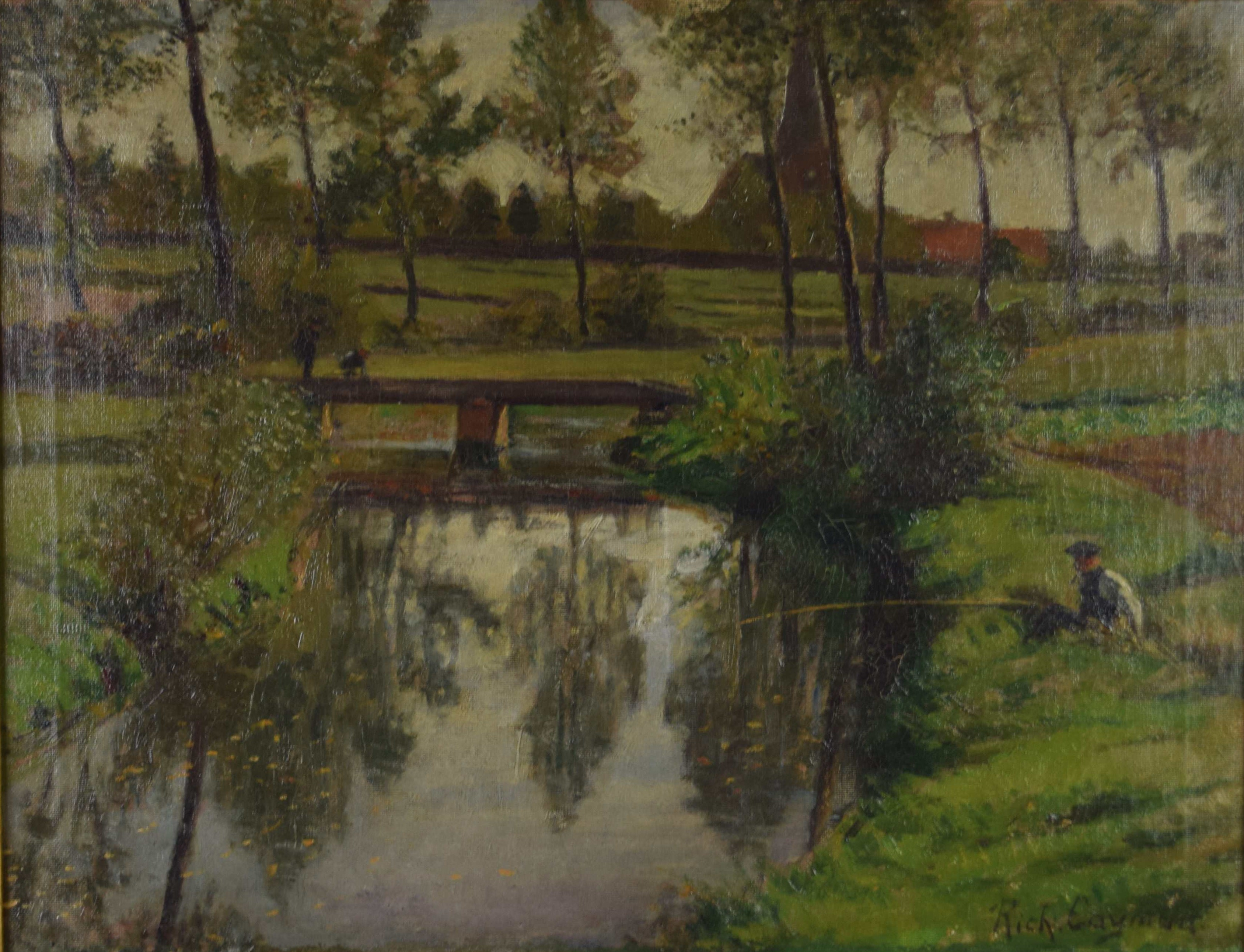 tableau Journée de pêche Cayman Richard chasse pêche,paysage,personnage  huile toile 1ère moitié 20e siècle