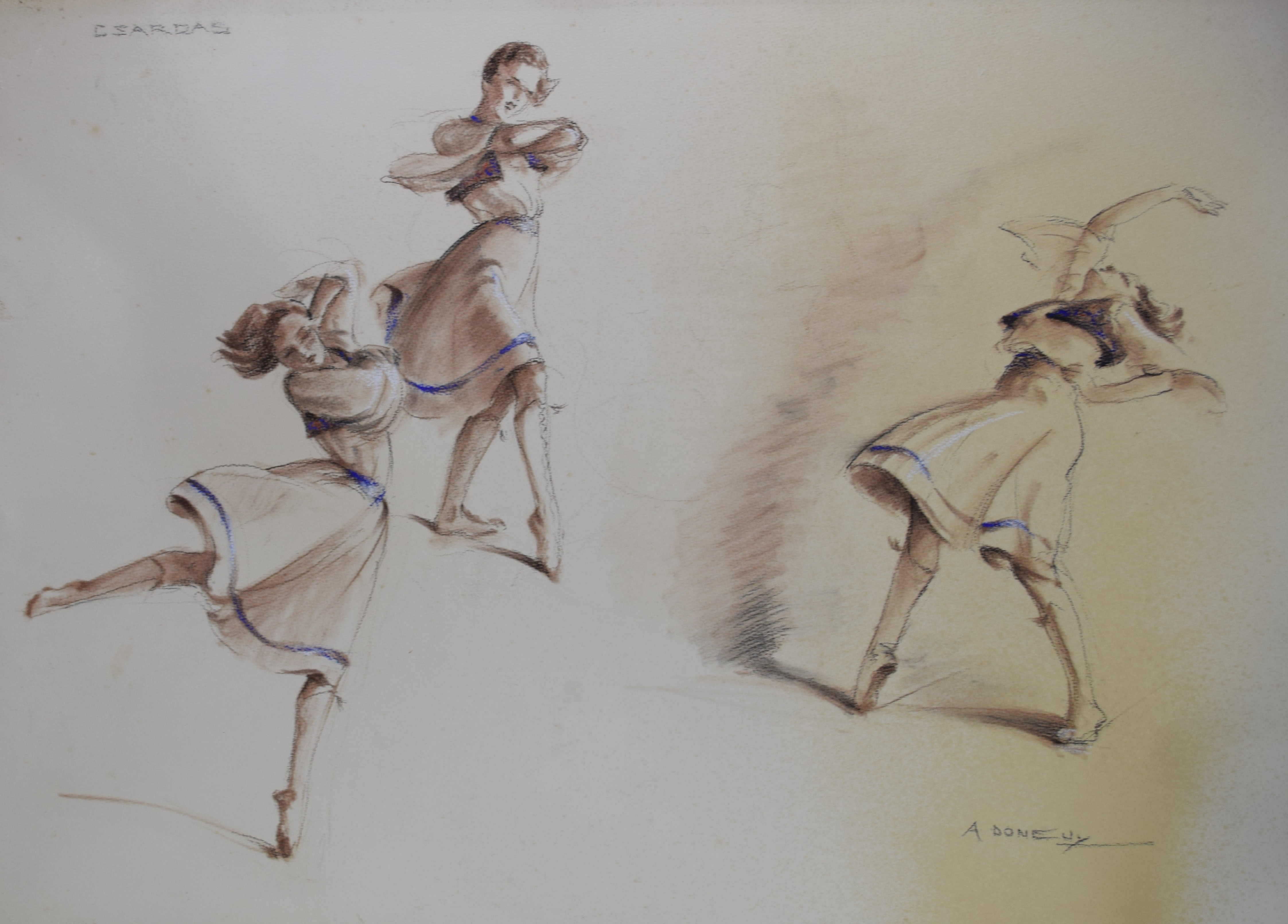 tableau La danseuse Csardas Doneux Alexandre personnage,sport  fusain papier 1ère moitié 20e siècle