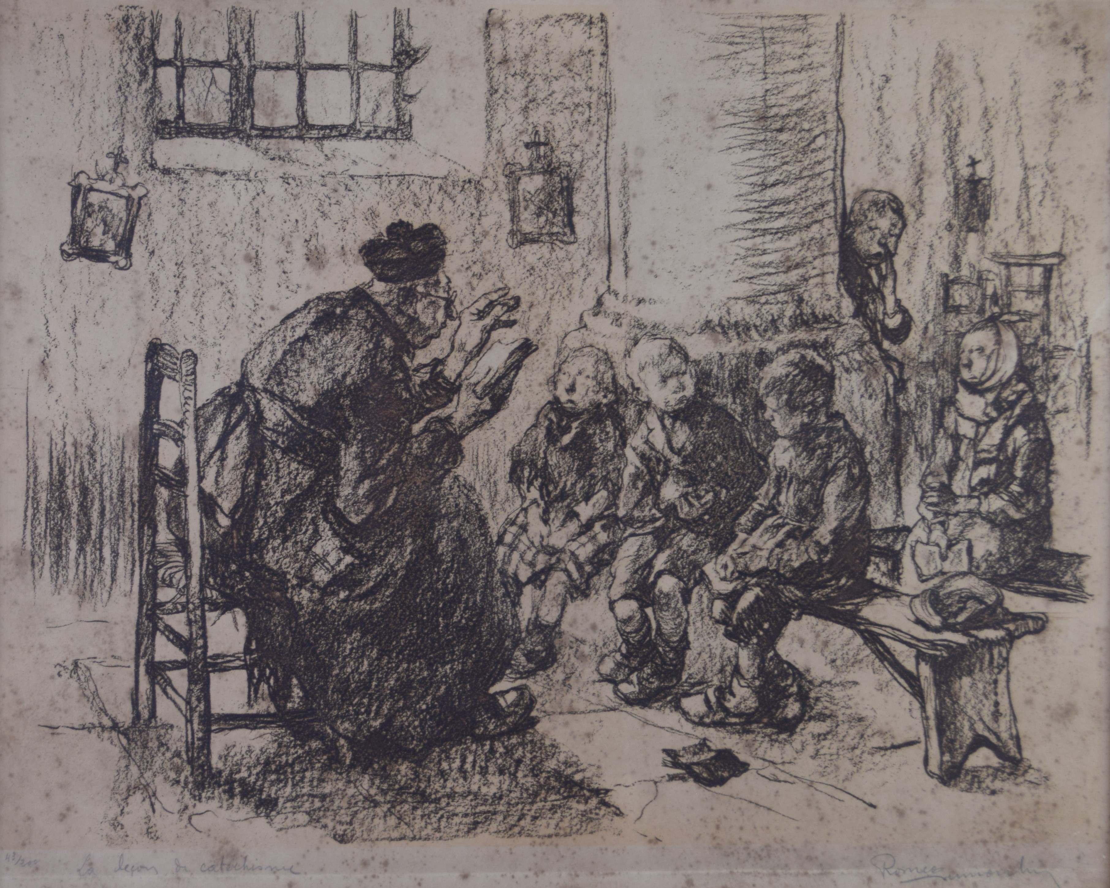 tableau La leçon de catéchisme   Dumoulin Roméo humoristique,personnage,religieux  estampe papier 1ère moitié 20e siècle