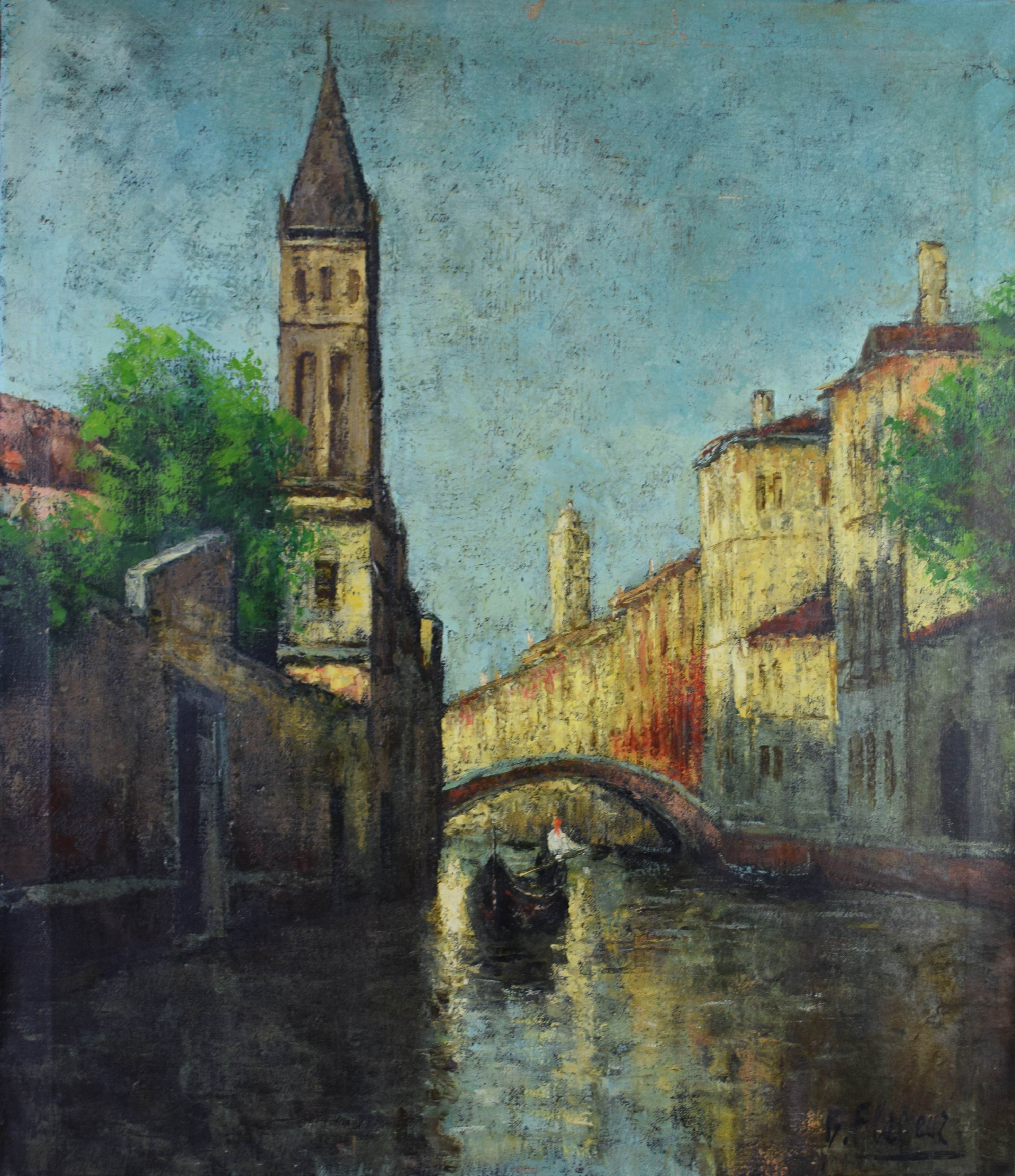 tableau Canal à Venise Flaneur Paul ville  huile toile 1ère moitié 20e siècle