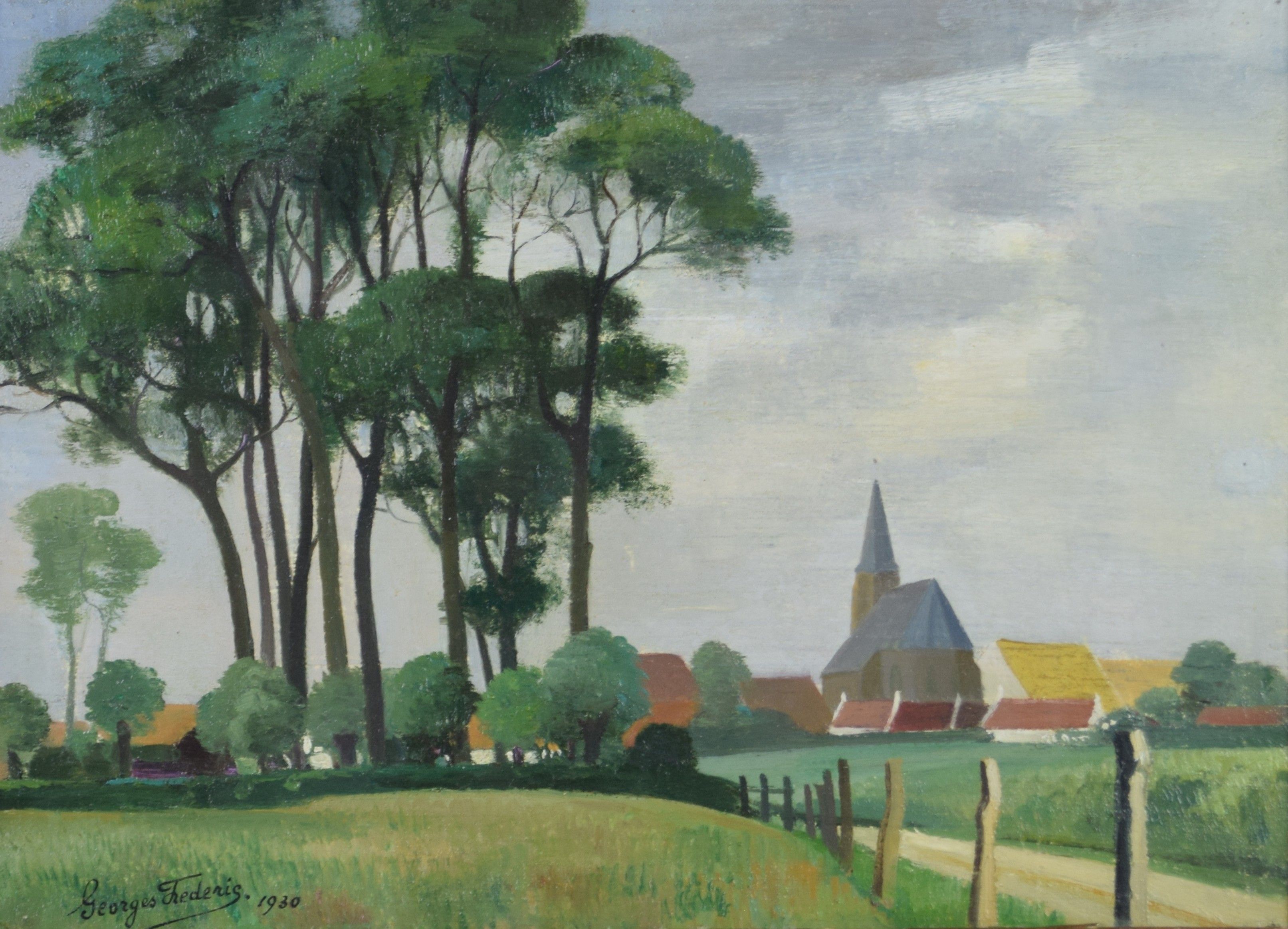 tableau En Flandre Frédéric Georges paysage,village  huile toile 1ère moitié 20e siècle