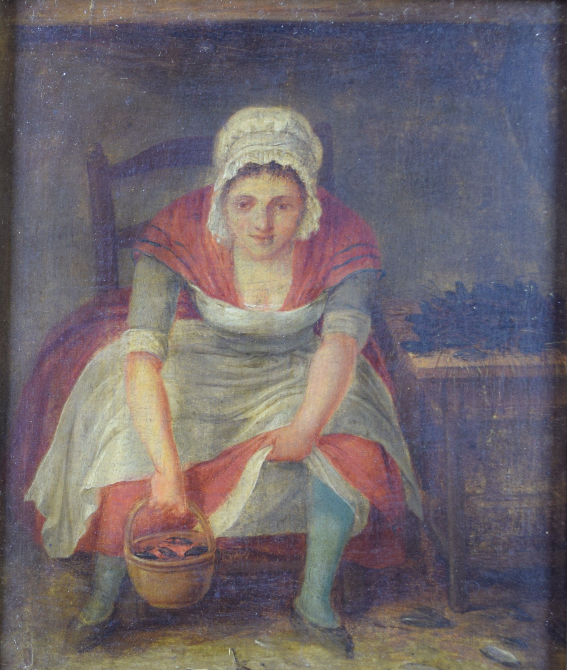 tableau La casserole de moules   scène d'intérieur  huile panneau 19e siècle