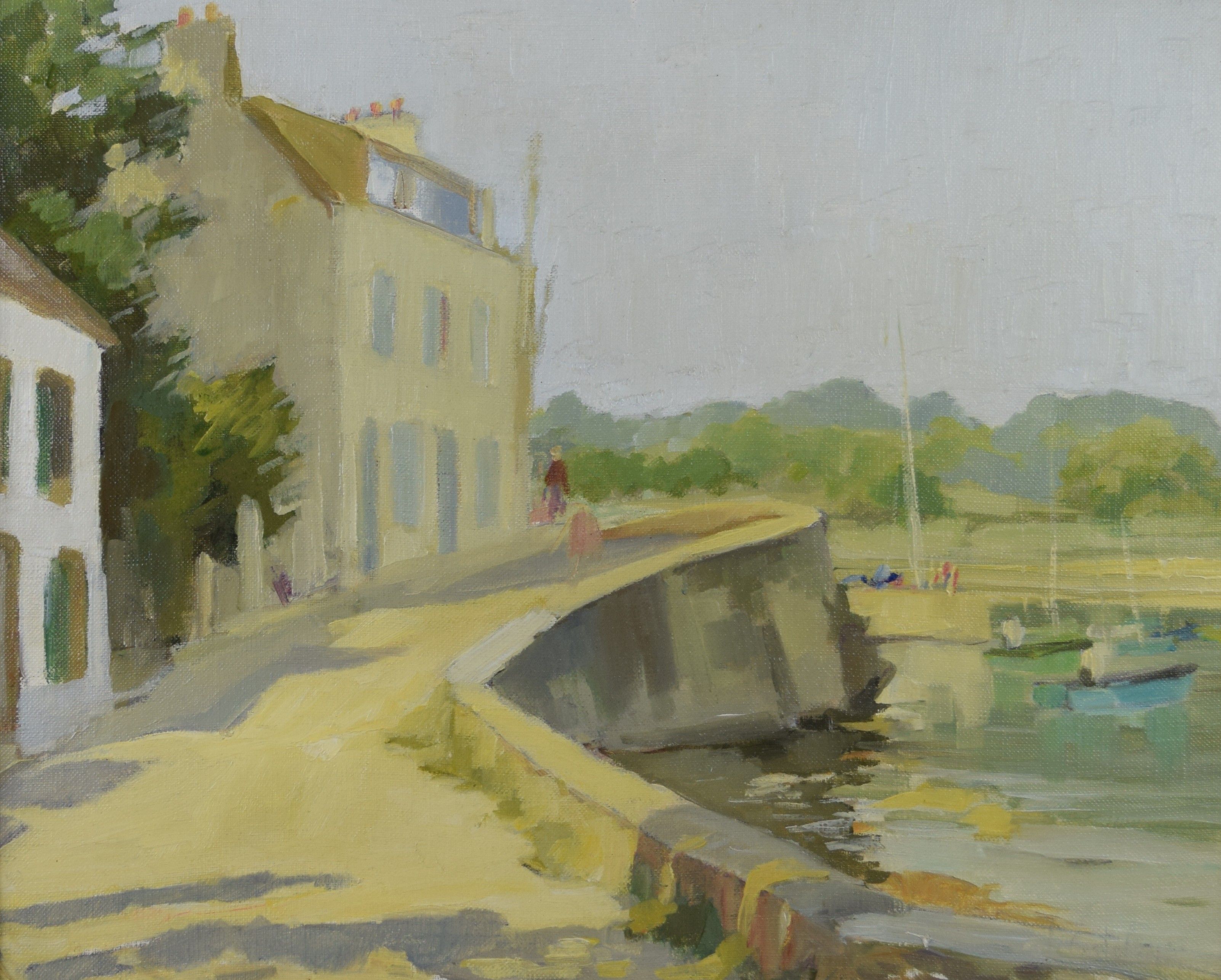 tableau Le port breton   paysage,village  huile toile 2ième moitié 20e siècle