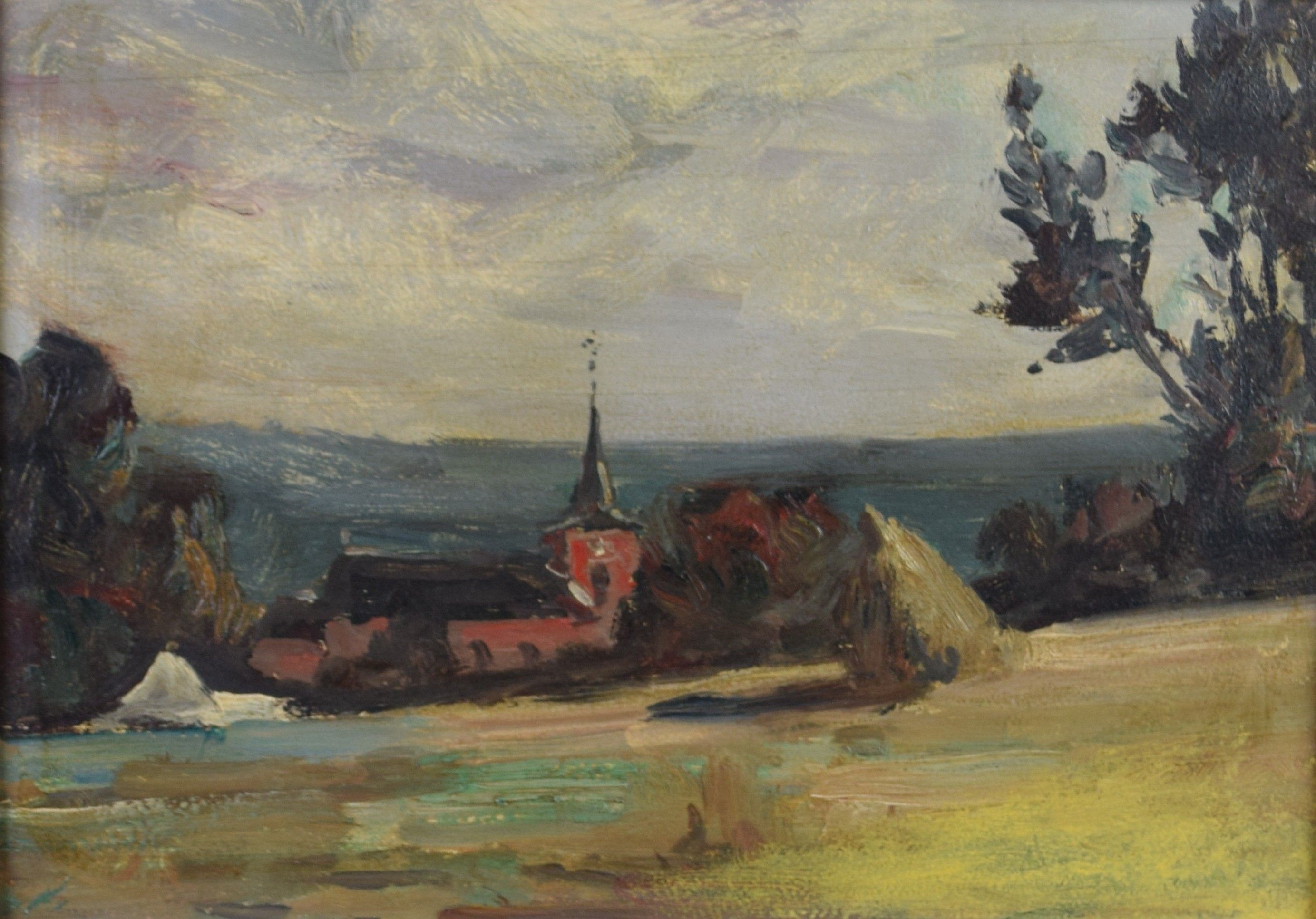 tableau L'église de Stembert   paysage,village,église  huile panneau 2ième moitié 20e siècle