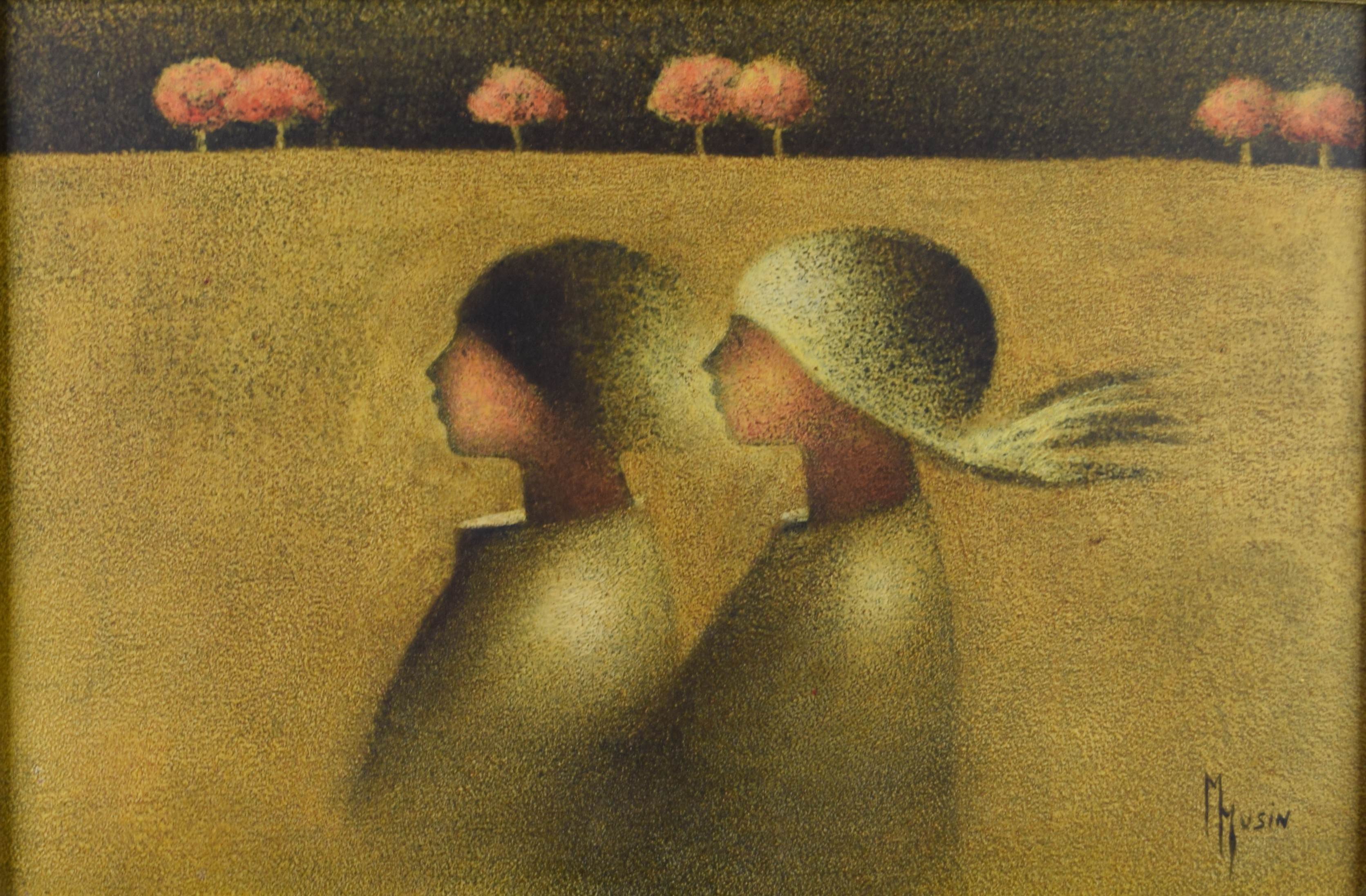 tableau Couple nocturne  Musin Maurice personnage  huile aggloméré 2ième moitié 20e siècle