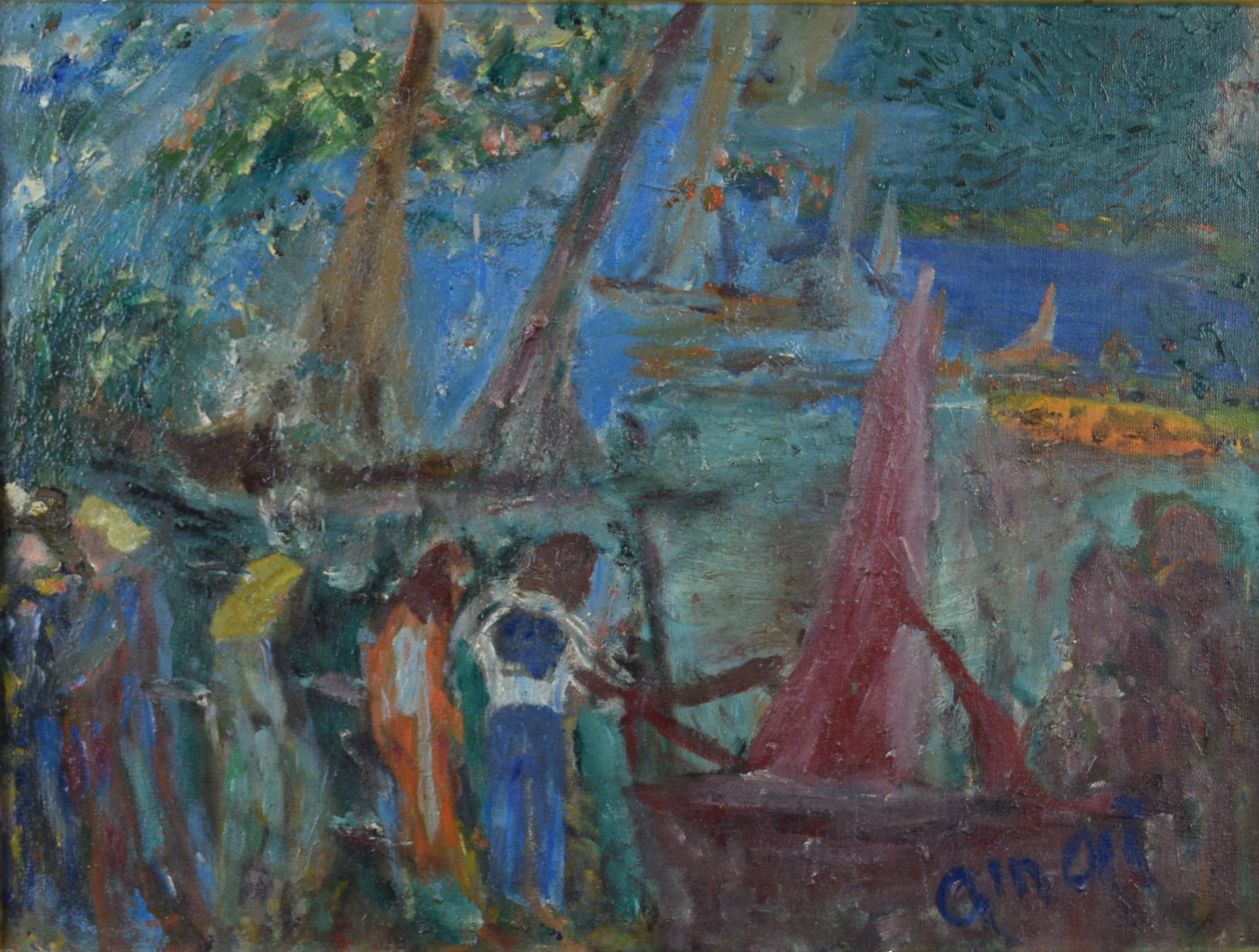 tableau Saint-Tropez    personnage,village  huile toile 1ère moitié 20e siècle