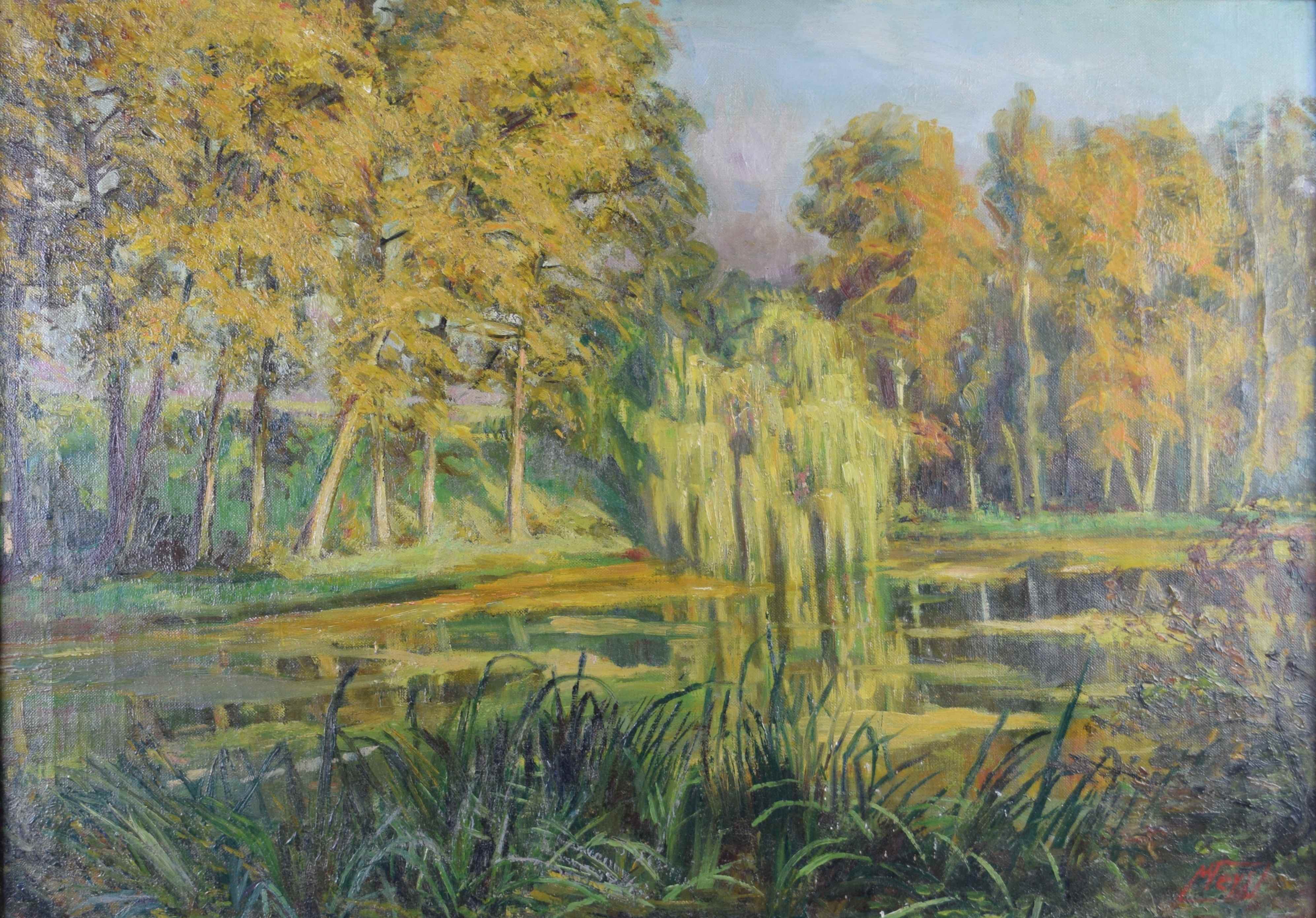 tableau le saule de l'étang   ville  huile toile 1ère moitié 20e siècle