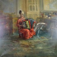 tableau Dans l'atelier Hélène à l'accordéon  Barthélémy Gérard musique,personnage,scène d'intérieur  huile toile 2ième moitié 20e siècle
