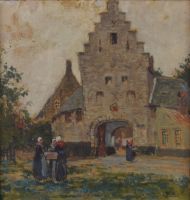 tableau La porte de la ville Cassiers Henry personnage,ville  gouache carton 1ère moitié 20e siècle