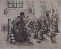 tableau La leçon de catéchisme   Dumoulin Roméo humoristique,personnage,religieux  estampe papier 1ère moitié 20e siècle