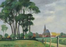 tableau En Flandre Frédéric Georges paysage,village  huile toile 1ère moitié 20e siècle