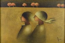 tableau Couple nocturne  Musin Maurice personnage  huile aggloméré 2ième moitié 20e siècle