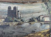 tableau Paris Notre Dame   ville  huile toile 2ième moitié 20e siècle