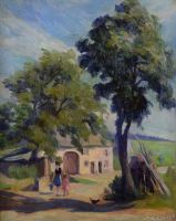 tableau Mère et fille Reymen Joseph paysage,scène rurale  huile toile 2ième moitié 20e siècle