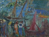 tableau Saint-Tropez    personnage,village  huile toile 1ère moitié 20e siècle