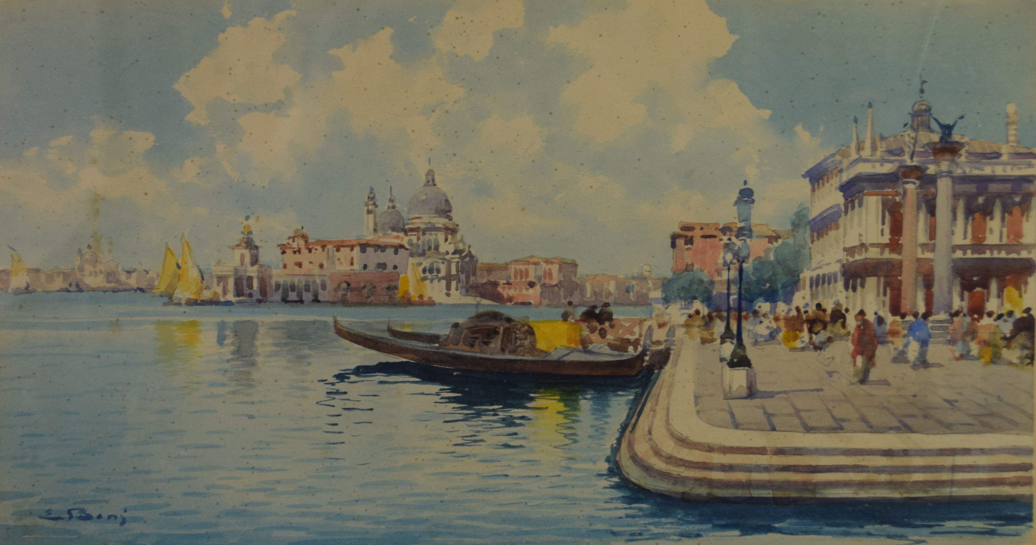 tableau Venise Place Saint-Marc Boni Emilio personnage,ville  aquarelle papier 19e siècle