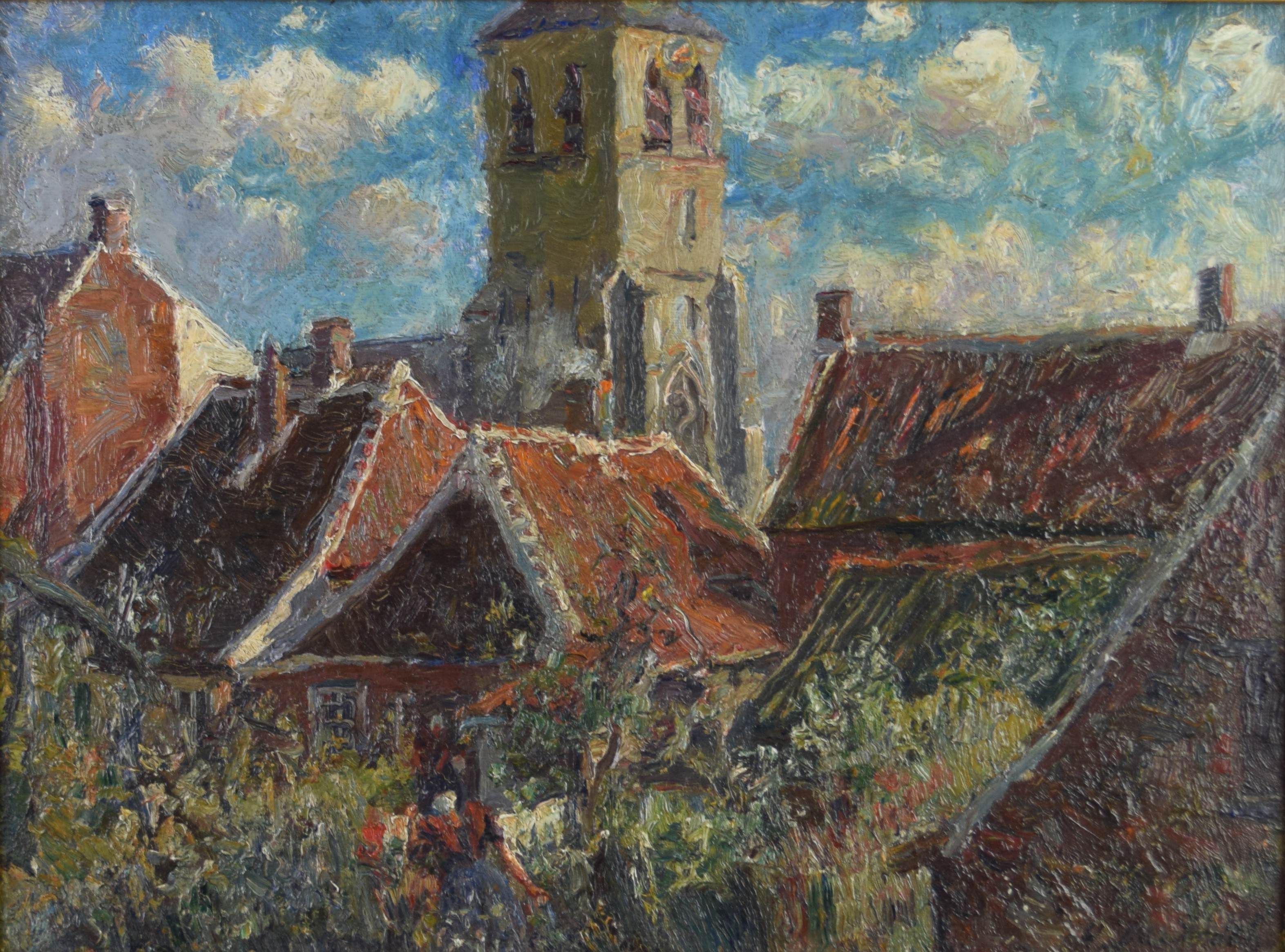 tableau Le jardin animé au cœur de ville De Smeth Henri personnage,religieux,ville  huile panneau 1ère moitié 20e siècle
