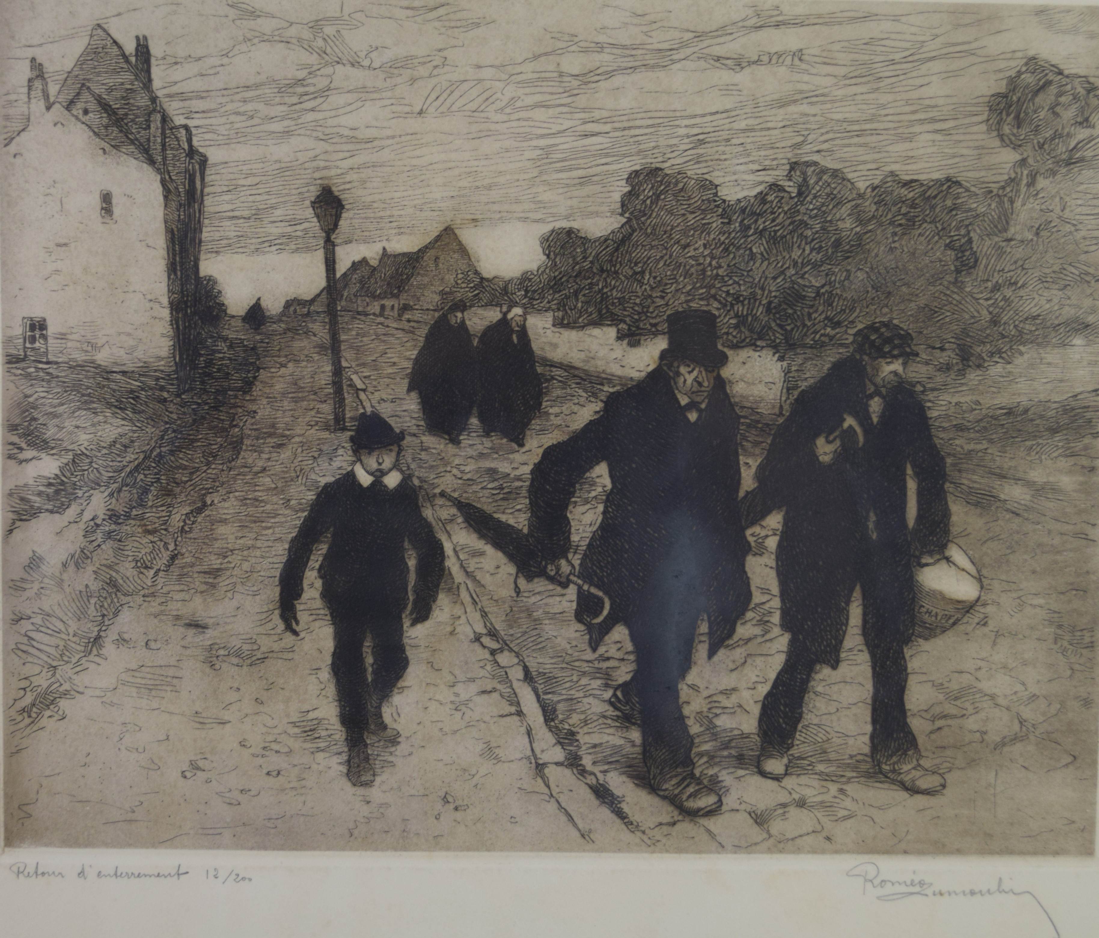 tableau Retour d'enterrement Dumoulin Roméo personnage,village  estampe papier 1ère moitié 20e siècle
