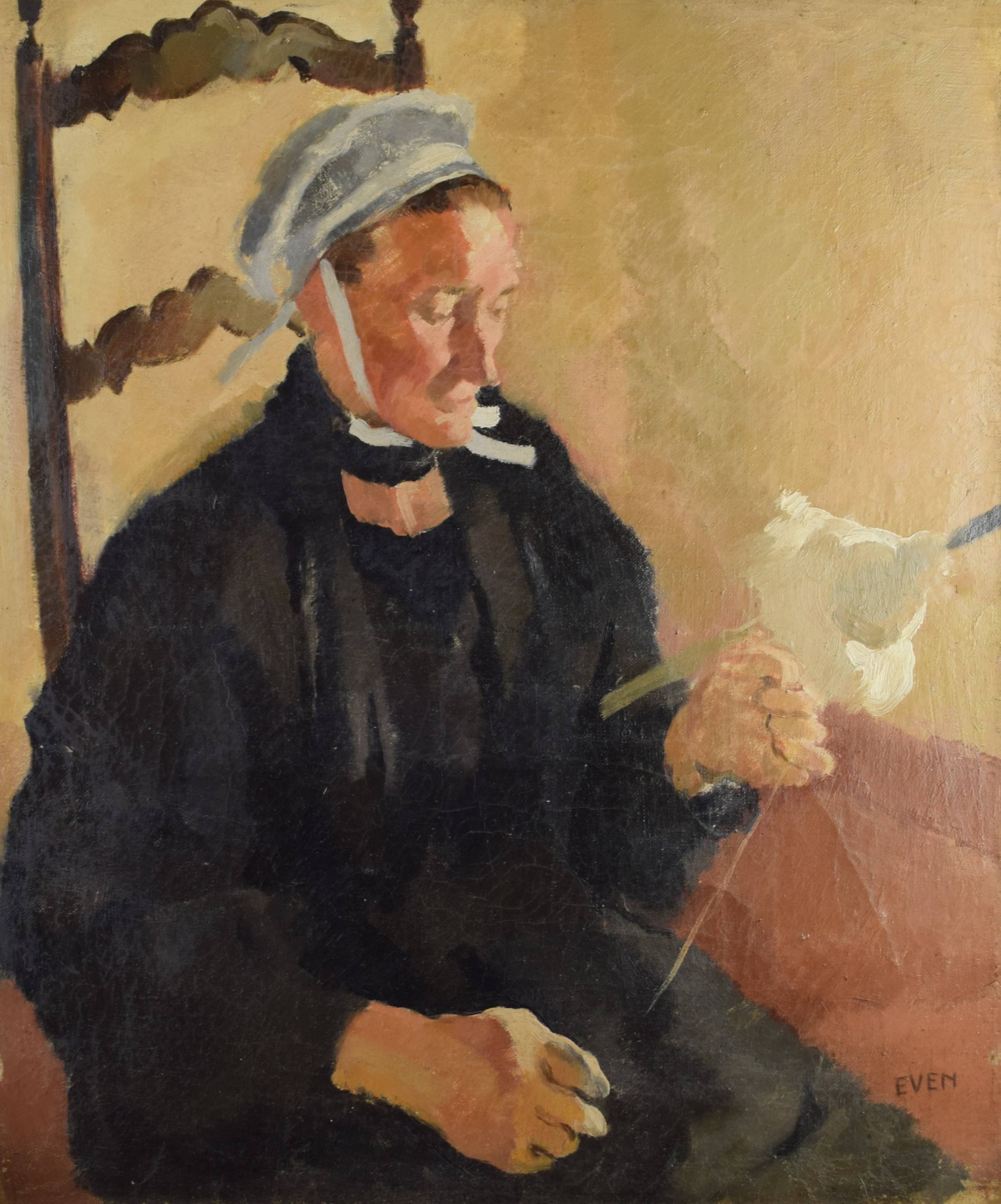 tableau La fileuse   Even Jean personnage  huile toile 1ère moitié 20e siècle