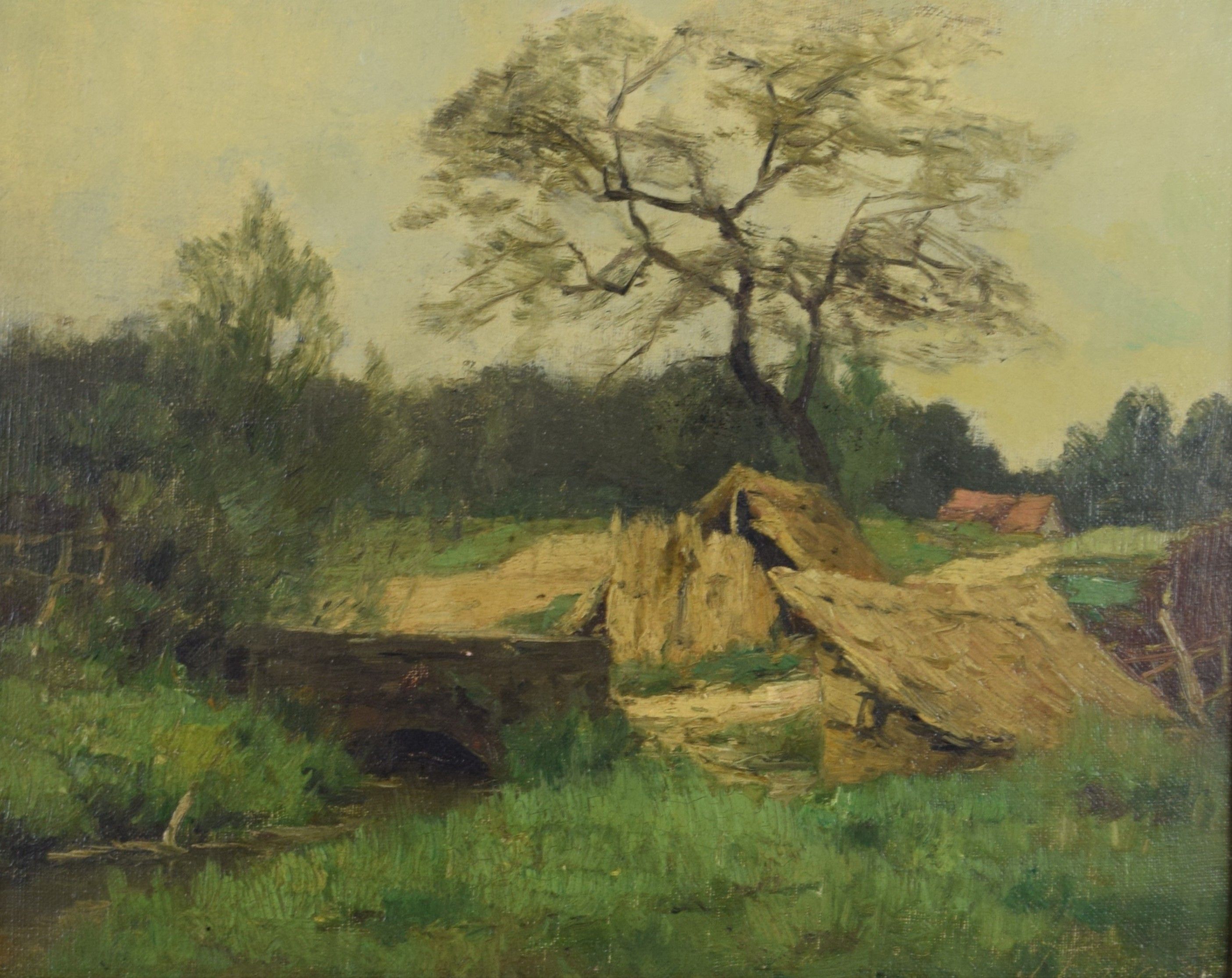 tableau Les cabanes près du petit pont François Joseph-Charles paysage  huile  1ère moitié 20e siècle