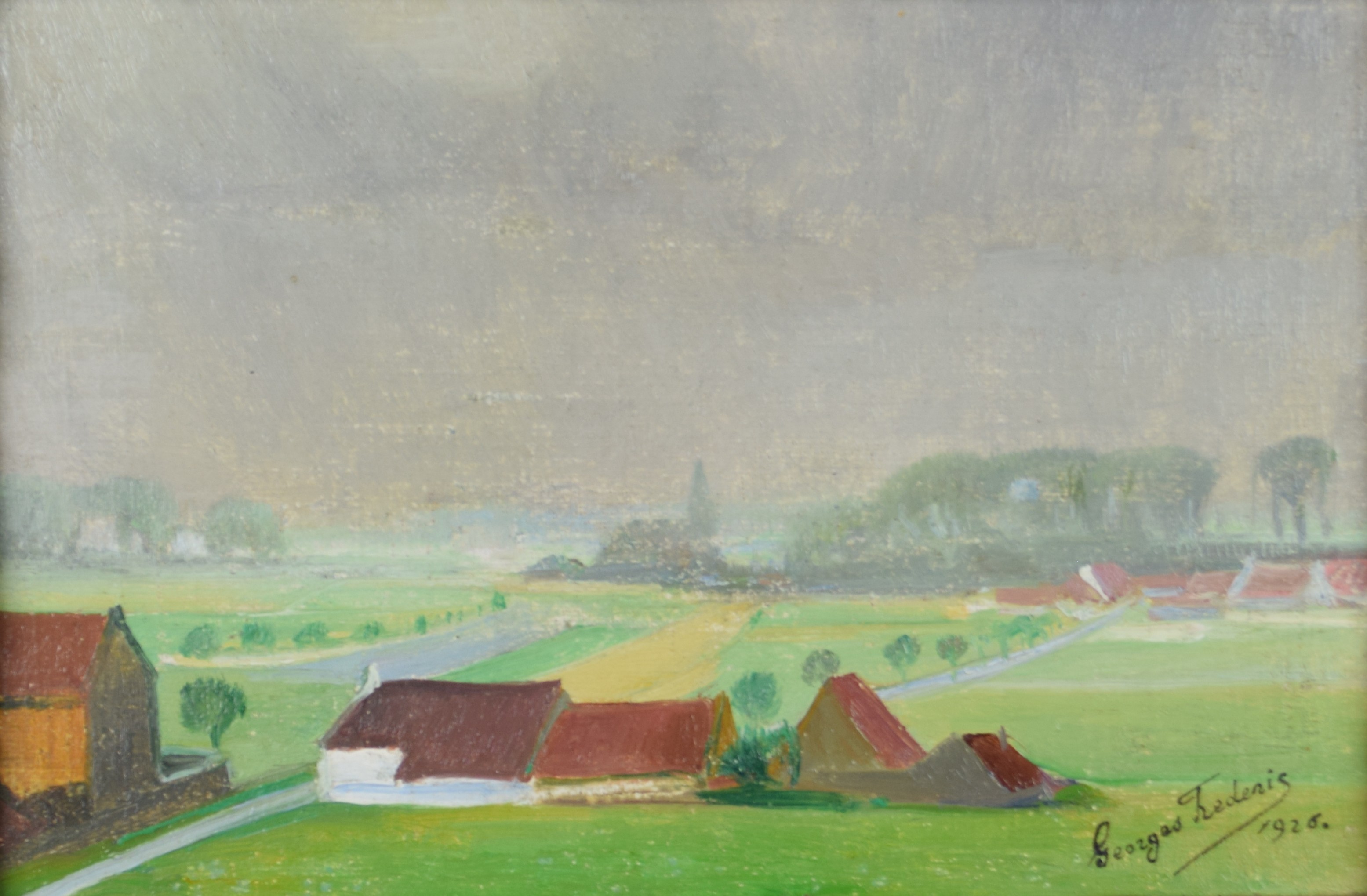 tableau Le hameau  Frédéric Georges paysage  huile panneau 1ère moitié 20e siècle