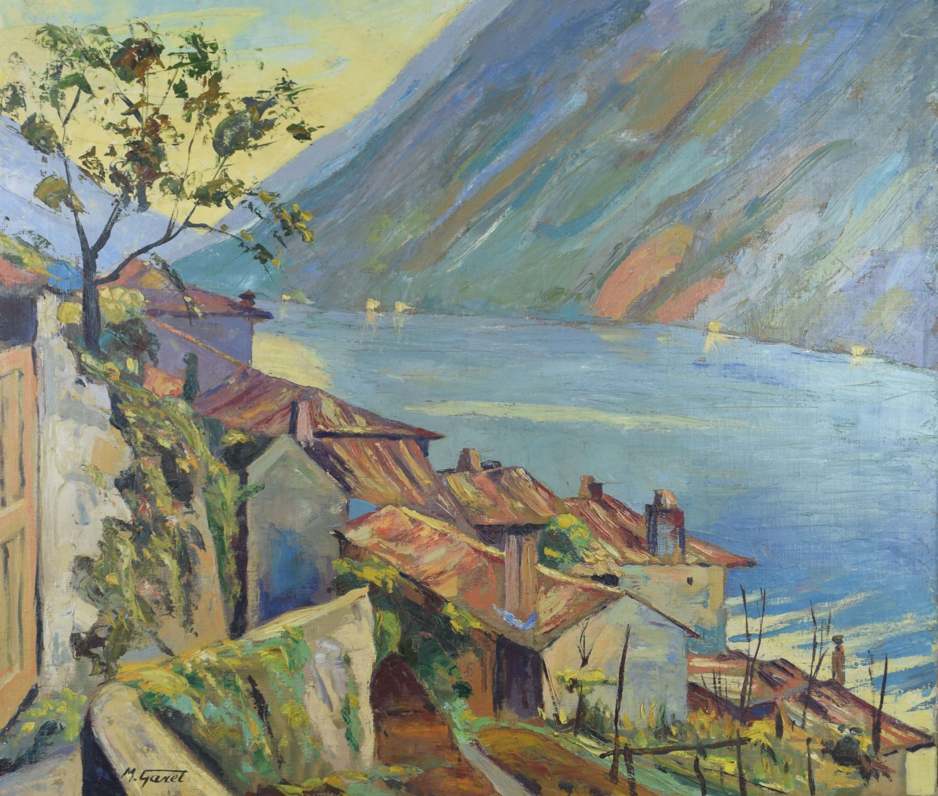 tableau Les toits à Gandria Lugano Garet Maurice paysage  huile toile 1ère moitié 20e siècle