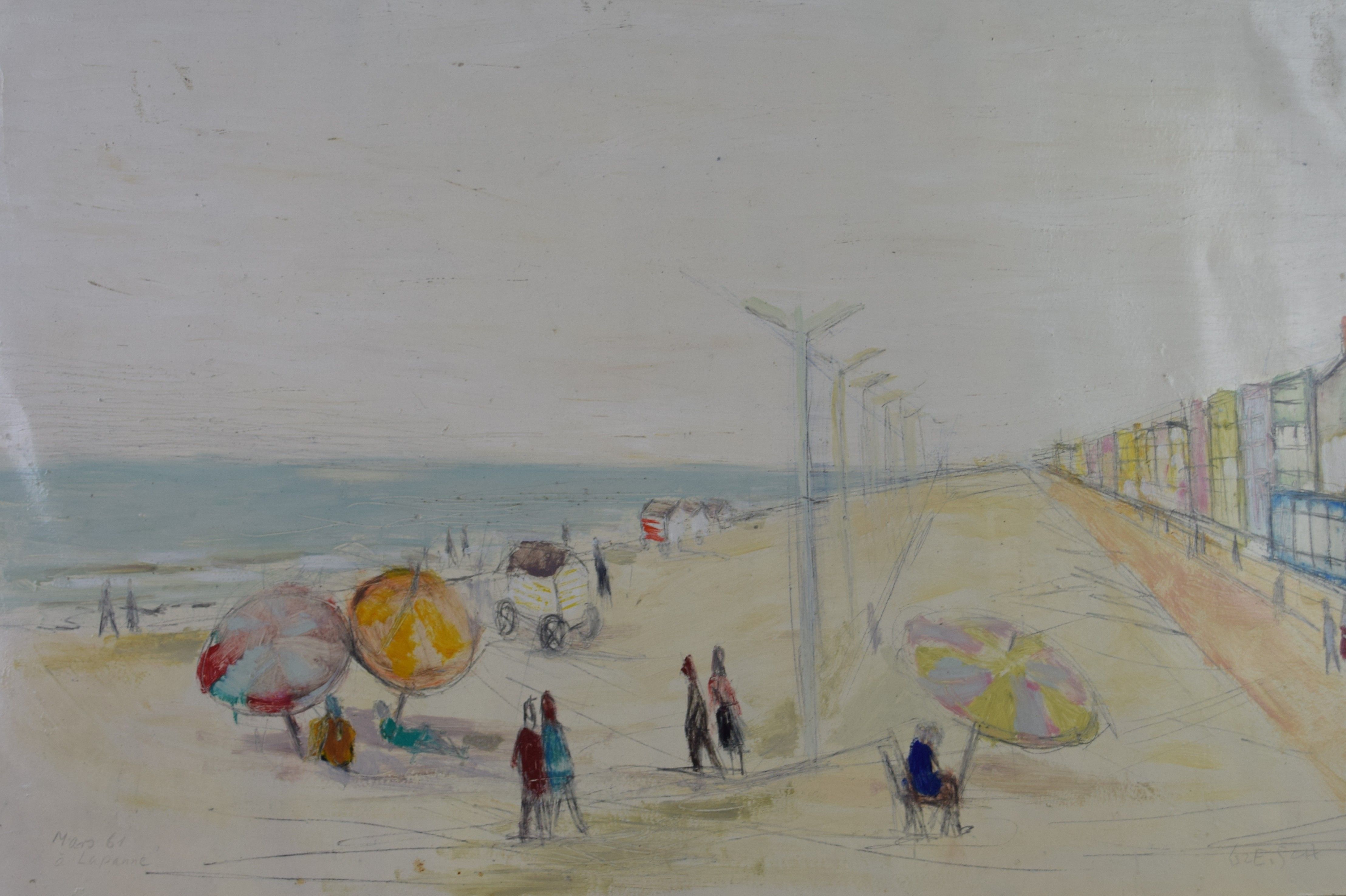 tableau La Panne Greisch Roger Emile marine,personnage  huile papier 2ième moitié 20e siècle