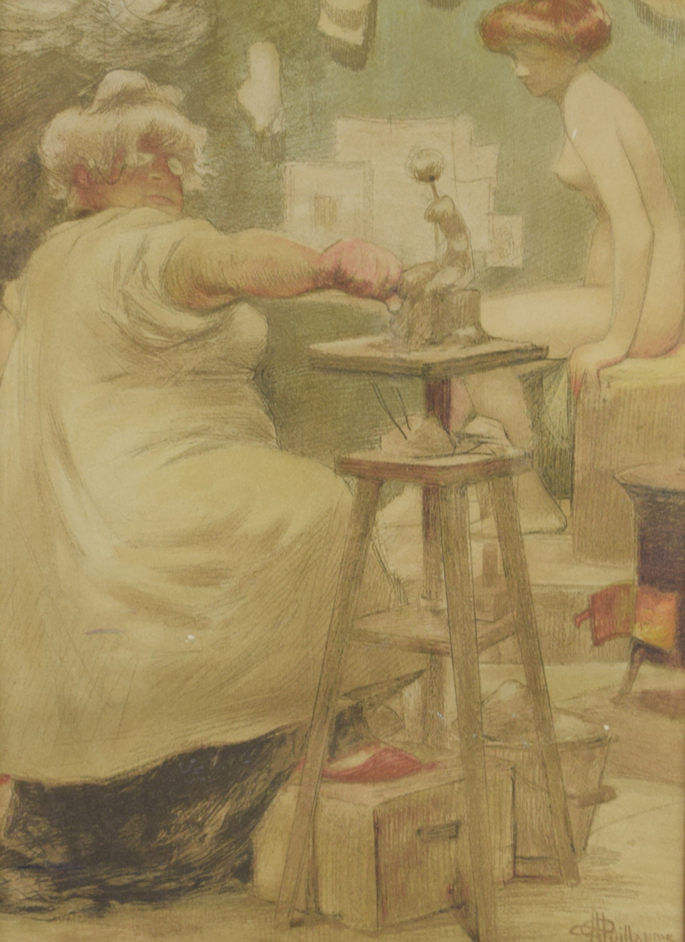 tableau Dans l'atelier de la sculptrice  Guillaume Albert Paul caricature,personnage,scène d'intérieur  estampe papier 1ère moitié 20e siècle