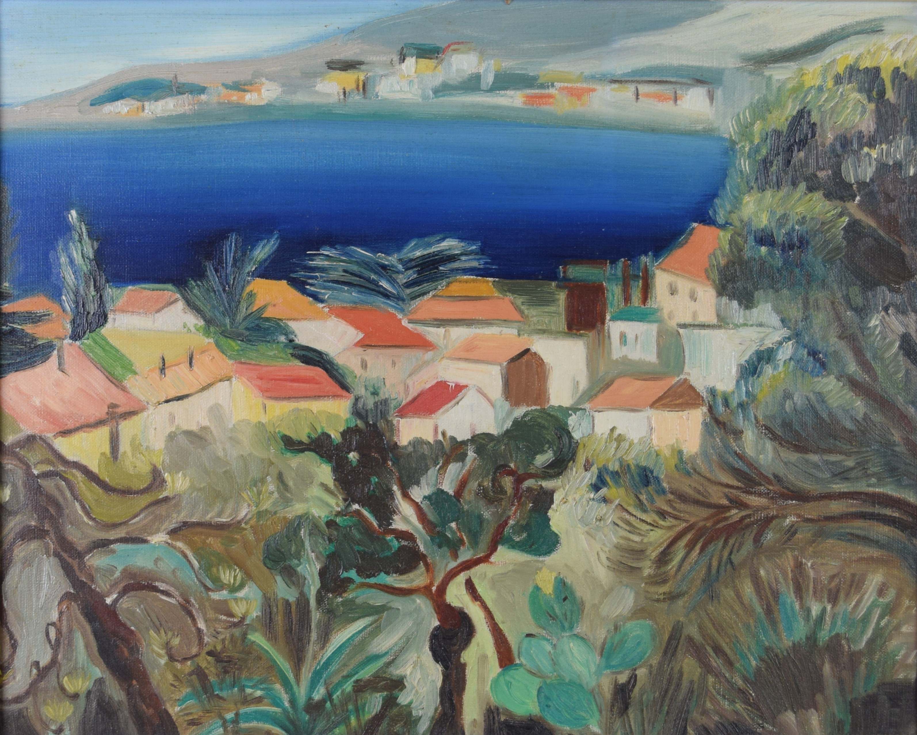 tableau La baie de Saint-Tropez   marine,village  huile toile 