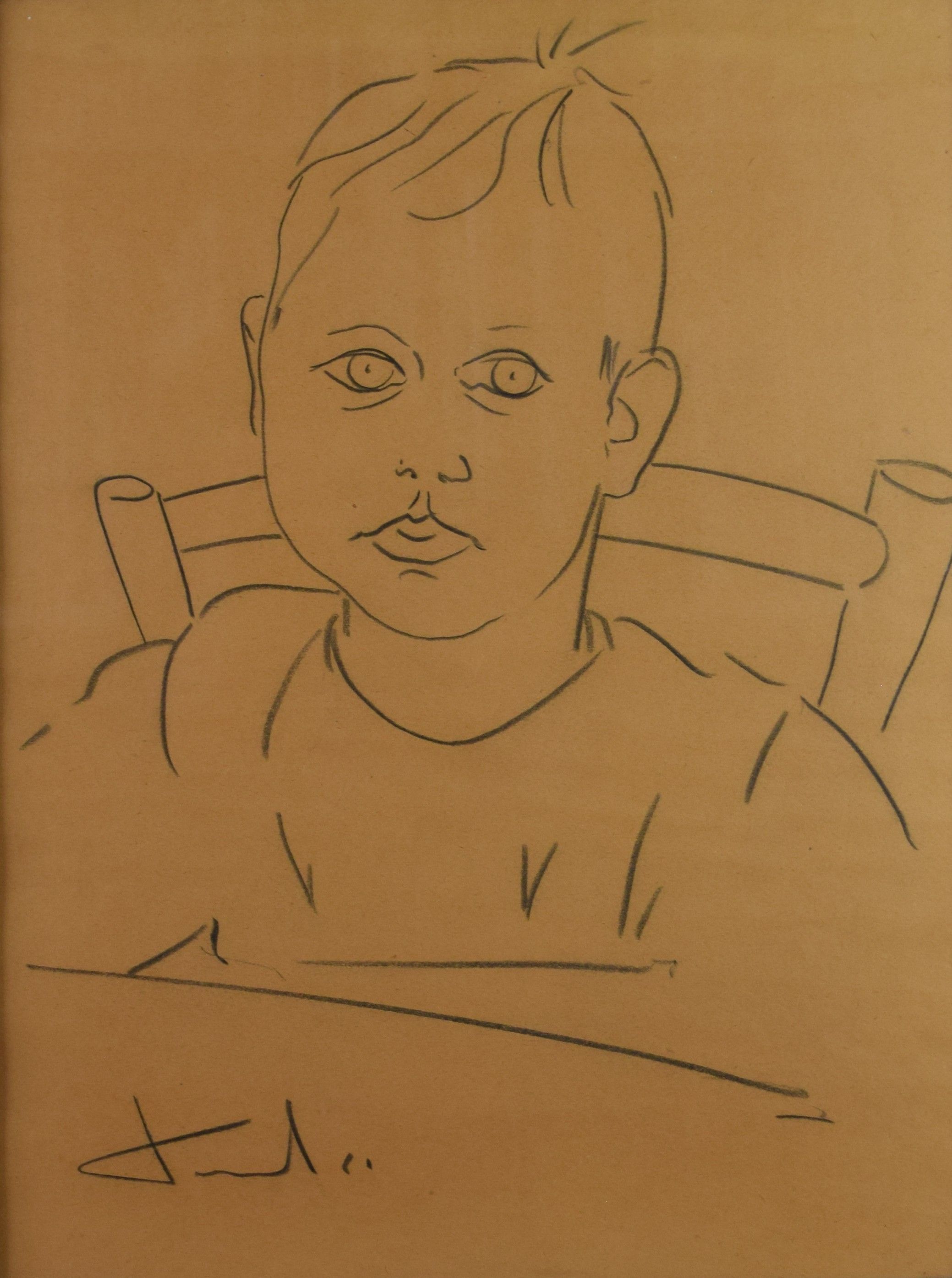 tableau Le petit garçon   portrait  fusain papier 2ième moitié 20e siècle
