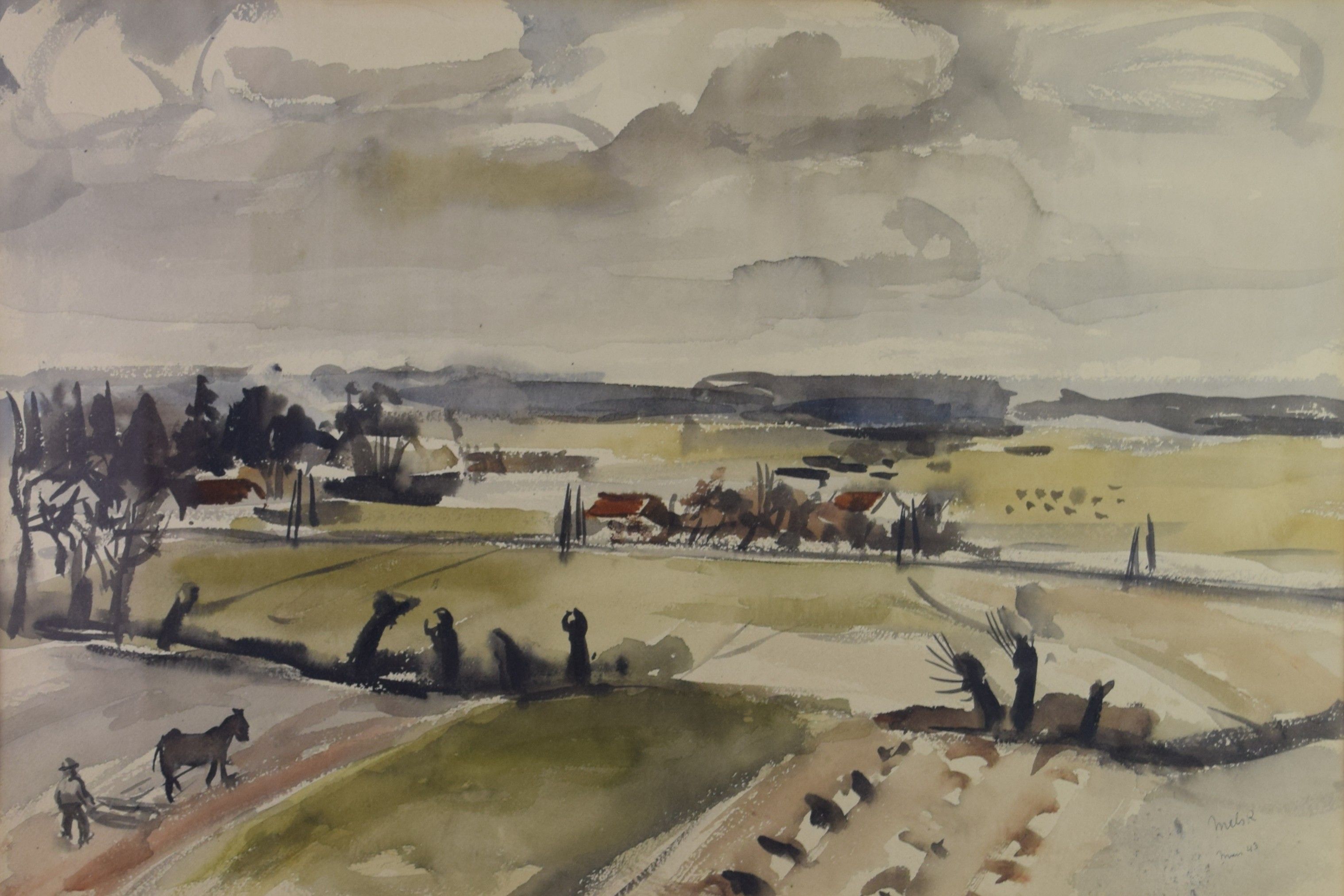 tableau Travail aux champs Mels René paysage,personnage  aquarelle papier 1ère moitié 20e siècle