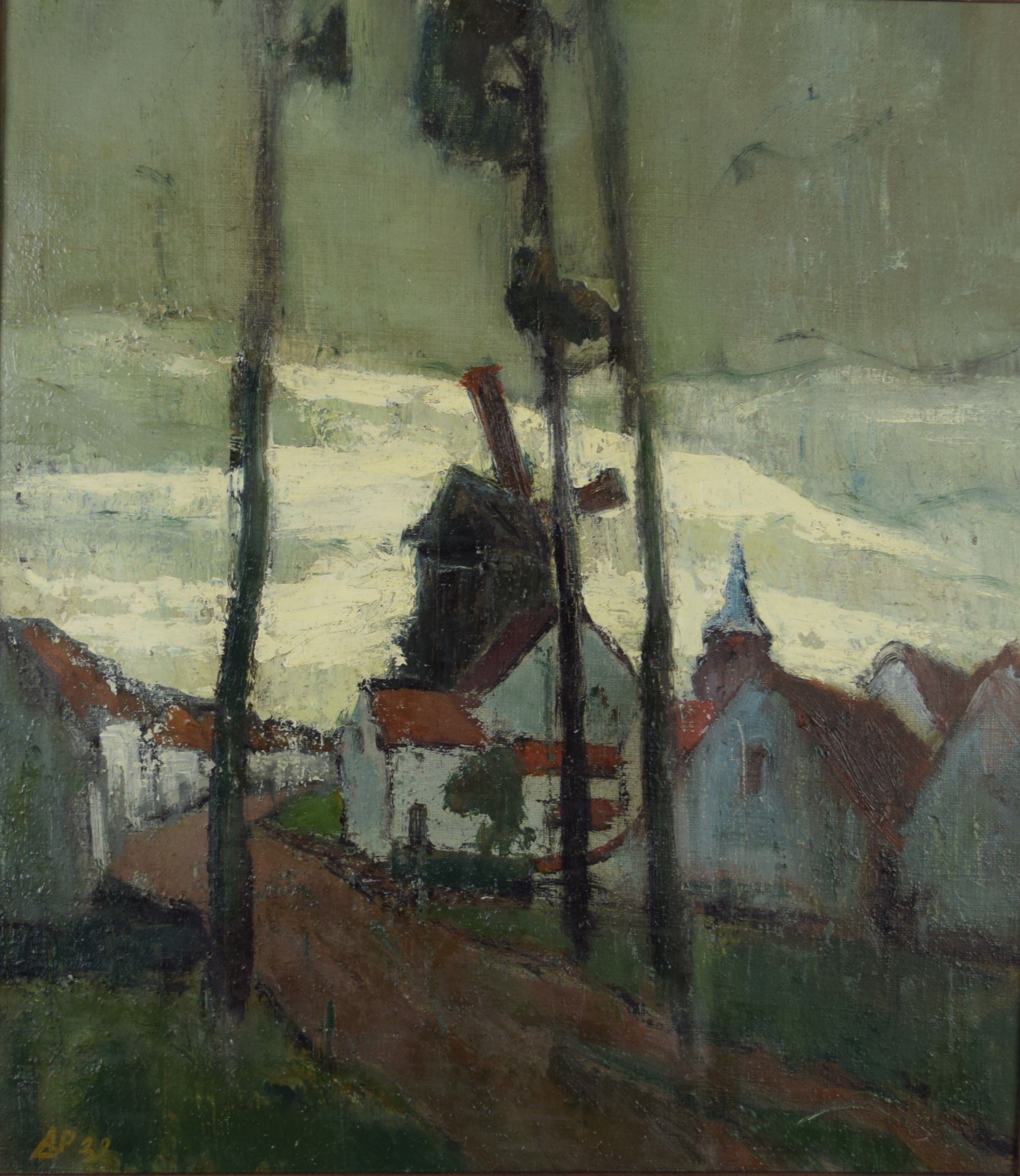 tableau Le moulin du village Pouchet Adolf village,moulin  huile toile 1ère moitié 20e siècle